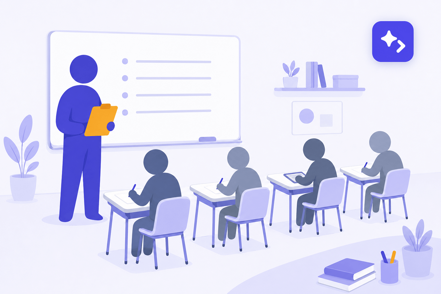 A calm classroom illustration with a teacher and students at desks, with a small AI helper icon in the corner suggesting AI in a supporting role