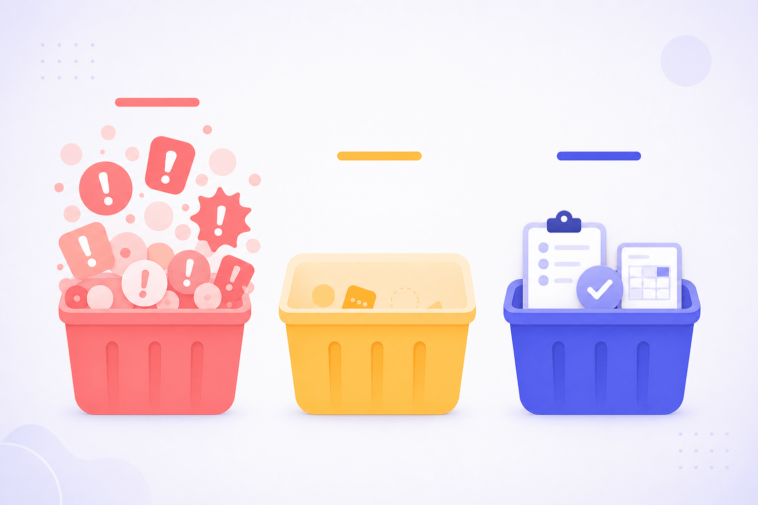 Three labelled buckets for sorting AI-in-education claims: an overflowing coral bucket of hype on the left, a half-empty amber bucket of underdelivered promises in the middle, and a neat indigo bucket of genuinely useful narrow tools on the right