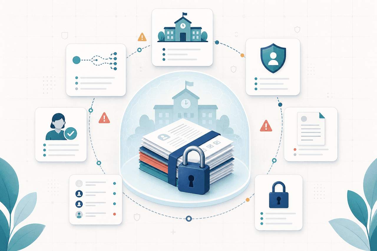 A student data safety checklist with seven review cards around a locked stack of assignments