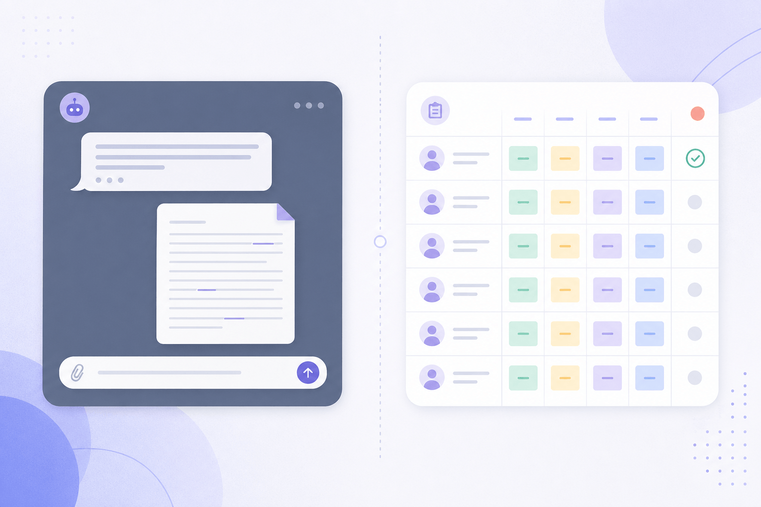 A split scene comparing a chat-window-style AI with an organized gradebook-style tool