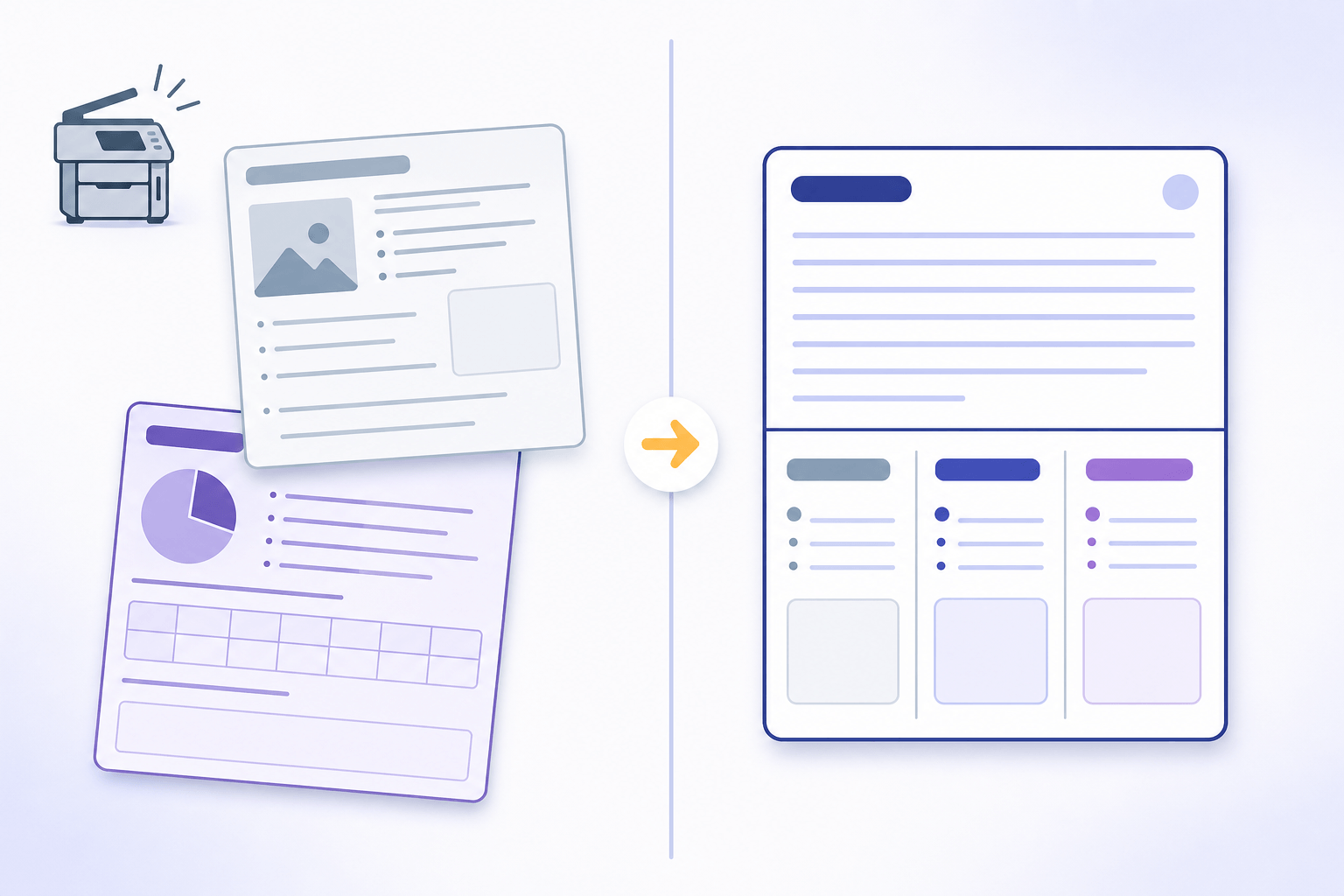 A side-by-side contrast: 'two photocopies' differentiation on the left (two visibly different worksheet cards with a busy photocopier icon) versus 'one worksheet, three task tiers' differentiation on the right (a single worksheet with a shared reading and three tier columns)