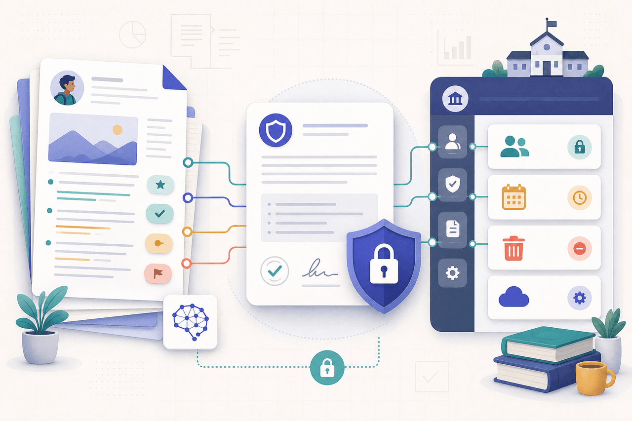A FERPA review checklist beside student assignments, rubric scores, and a contract document with a lock icon