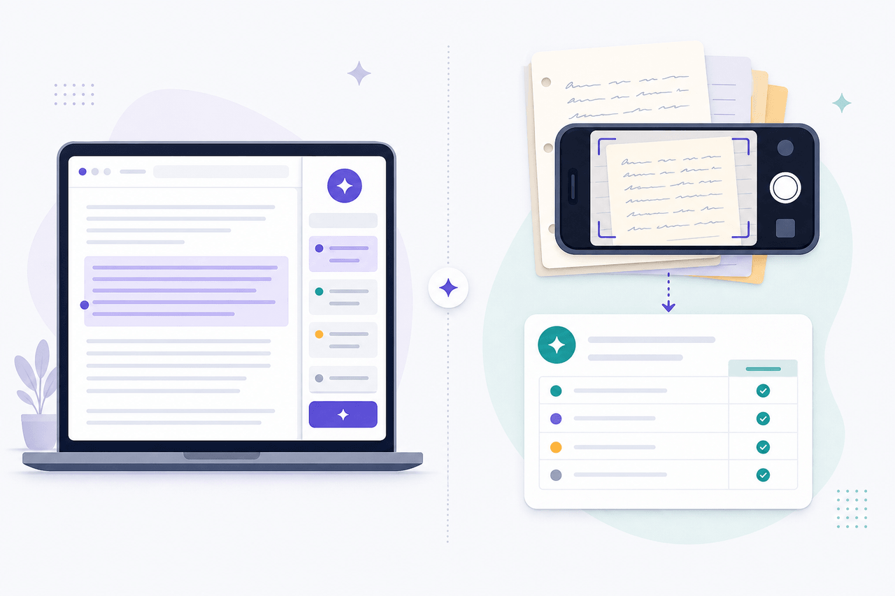 Flat illustration contrasting a browser document with an extension sidebar against a phone camera scanning paper into a structured grade sheet
