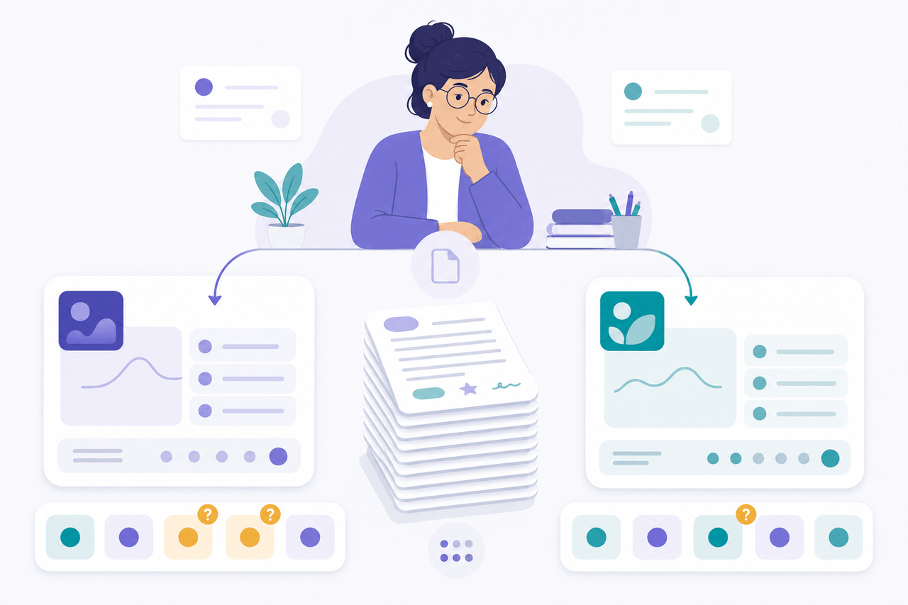Flat illustration of one paper stack splitting into two grading app cards, with score-chip rows underneath for comparing teacher override moments