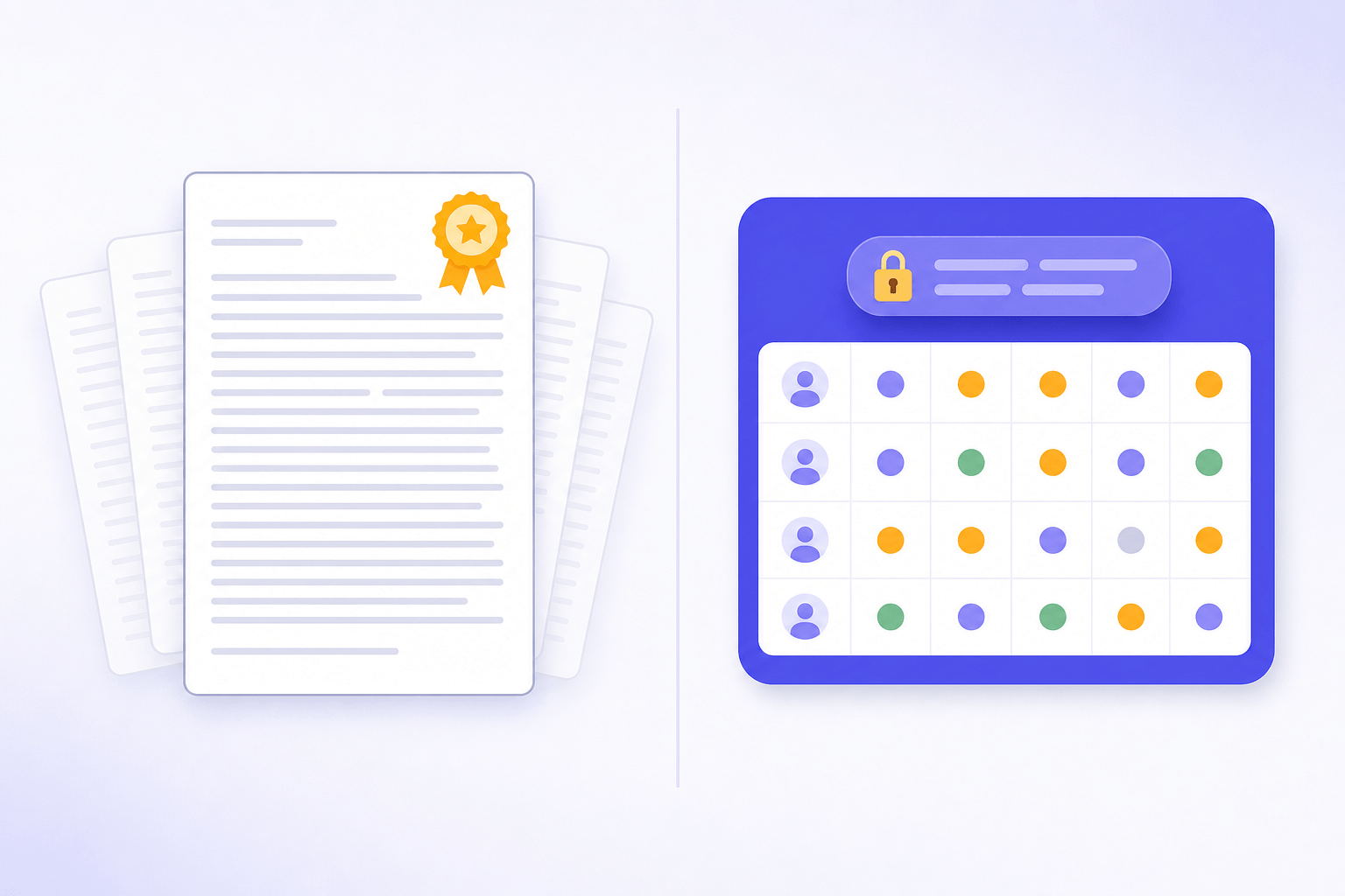 A tall essay paper with an accuracy rosette beside a locked-rubric gradebook card, contrasting EssayGrader's focus with Grade Coach