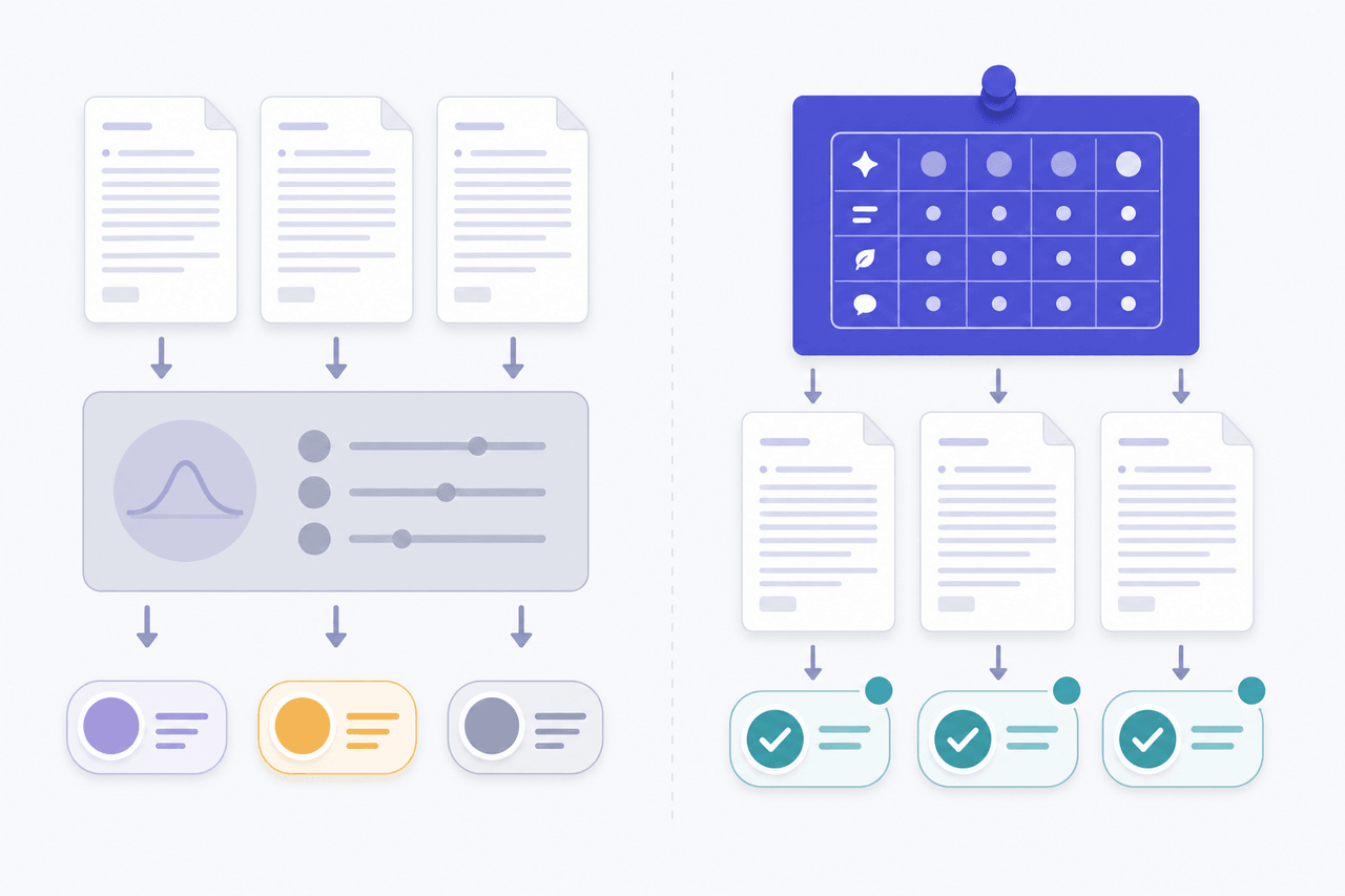 Flat illustration contrasting three duplicate essays producing slightly different score chips with the same essays passing under one pinned rubric and producing aligned score chips