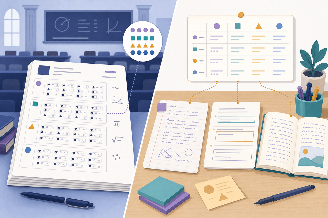 Flat illustration contrasting grouped university exam answer boxes with mixed K-12 student work connected to one pinned rubric card