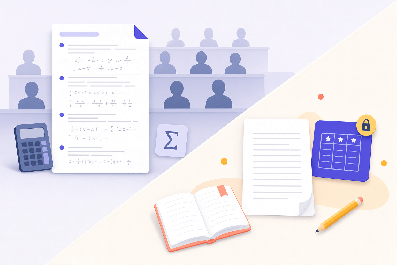 An abstract higher-ed STEM exam contrasted with a K-12 writing paper and locked rubric