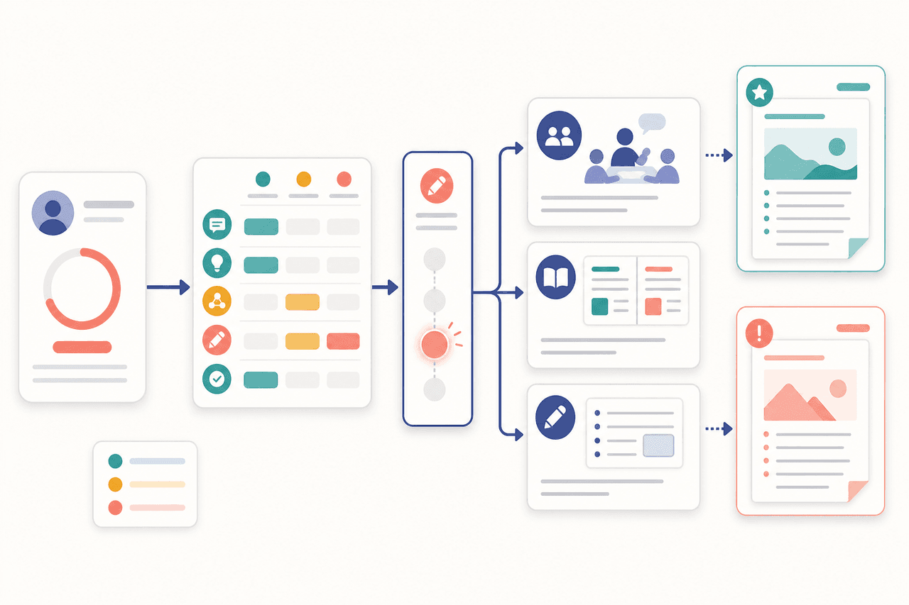 A class grading analytics flow showing average score, rubric breakdown, student groups, model examples, and a next-day reteaching plan