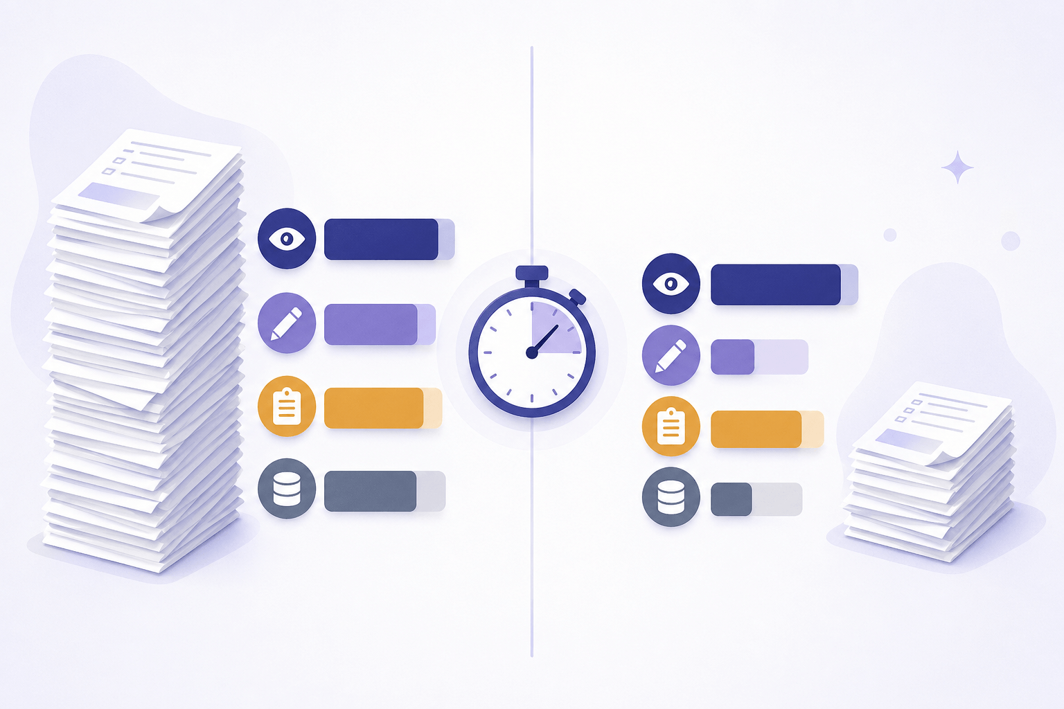 A before-and-after comparison of two grading workflows: the 'before' side shows four heavy time-bars next to a tall paper stack, and the 'after' side shows two of the bars dramatically shorter, illustrating where AI compresses scoring and data entry without changing reading or feedback time