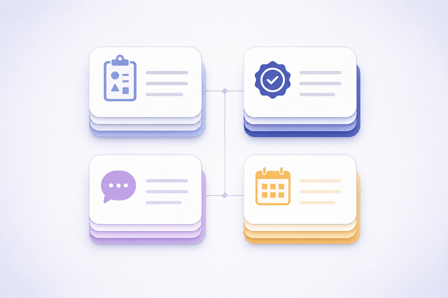 A 2-by-2 grid of four paperwork piles representing the four hidden categories of an international-school teacher's first-year workload: curriculum-shift, accreditation-evidence, parent communication, and event-calendar prep