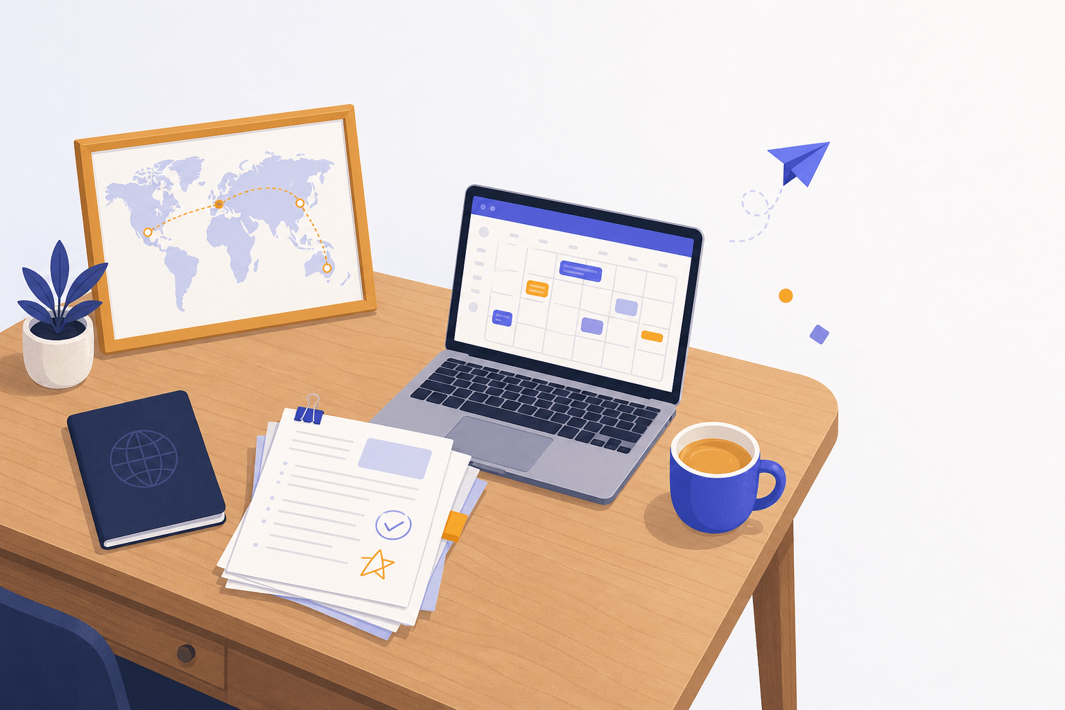 A teacher's desk in an international classroom with a passport, curriculum guides, a stack of papers, and a parent-meeting calendar