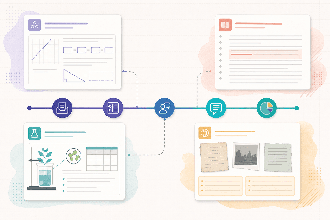 Four subject cards for math, ELA, science, and social studies connected into one grading workflow