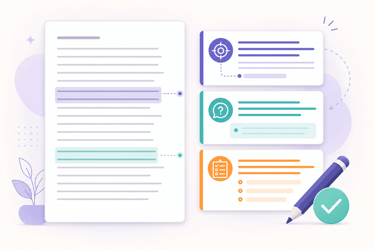 Three feedback style cards connected to one student essay: targeted, question-based, and actionable feedback